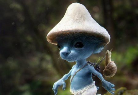 Cat - mushroom - Gollum - gollum, blue, mushroom, forest, tree, cat