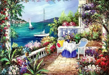 Memories of the moment - nice, sky, porch, dock, water, coast, painting, pretty, boat, morning, coffee, ocean, summer, shore, lovely, village, pier, blue, moment, beautiful, cafe, sailboat, memories, flowers, sea