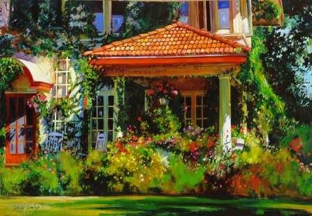 Summer porch - pretty, summer, cabin, flowers, countryside, fresh, porch, paradise, nice, cottage, house, trees, beautiful, lovely, freshness, village, nature, painting