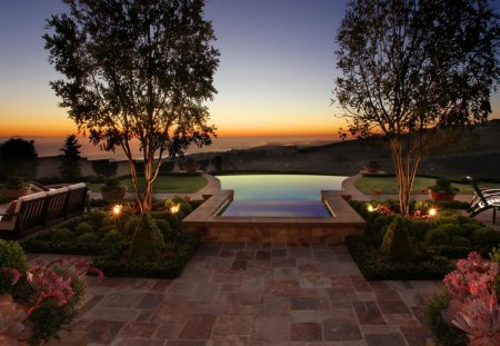 wonderful backyard at dusk - backyard, pool, garden, sea, dusk