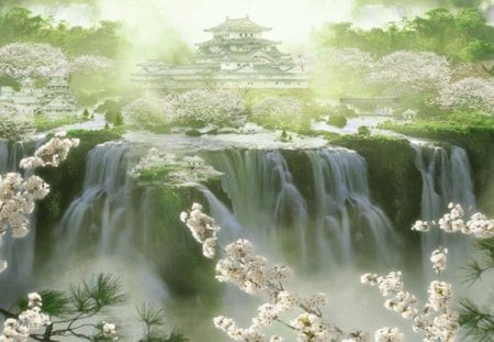 Japanese Houses & Waterfalls - trees, waterfalls, blossom, buds, japanese houses, bushes, landscape, flowers, beautiful nature, nature, houses, woods