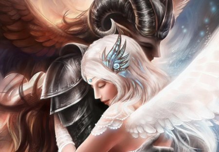 Fantasy couple - game, blue, aries, girl, beauty, angel, love, man, horns, fantasy, white, woman, wings, fairy, couple, zodiac