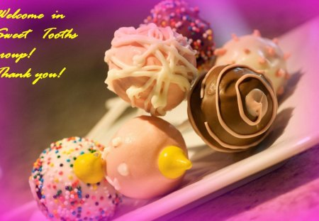 Welcome in Sweet Tooths group! - card, pink, chocolate, sweet, delicious, yellow, food, candy