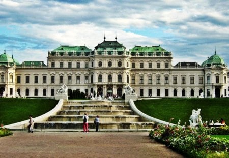 belvedere palace museum in vienna austria - fountain, gallery, clouds, grass, palace