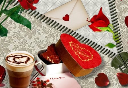 Coffee for Valentines Day - gifts, romantic, coffee, expresso, cafe, letter, box of candy, chocolate, red roses, cappuccino, zipper, envelope, Valentines Day, card, hearts