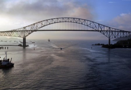 bridge of the americas in panama - bridge, boats, bay, clouds