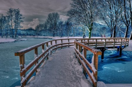 wonderful footbridge in winter hdr - wood, trees, river, winter, hdr, bridge