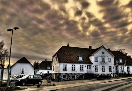 brobyvaerk inn in funen denmark hdr - street, clouds, cars, inn, hdr