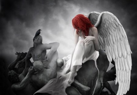 * - red hair, abstract, wp, fantasy, bw, duotone, angel, art