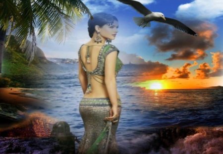 Woman in beach alone - hills, beautiful dress, Waits, beach, evening, alone, sea, beautiful woman, sunset, seagull, palm trees, jewelry, rocks