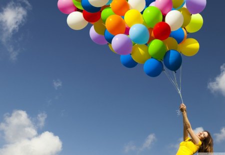 Up In the Air - Fun, Girl, Balloons, Nature, Clouds, Colorful, Sky