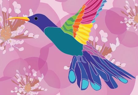 Floral Hummingbird - bird, spring, flower, pink, feminine, flowers, colorful, girly, hummingbird