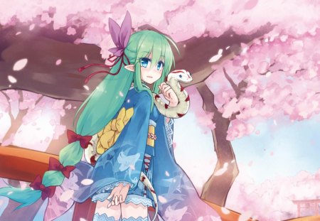 The Girl & Her Blue Eyed Snake - trees, girl, blue eyes, long hair, spring, pretty, snake, blue dress, anime, cherry blossoms, green hair