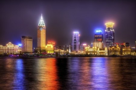 beautiful cityscape at the seaside hdr - seaside, city, night, hdr, skyscrapers, lights