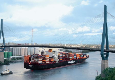 container ship under bridge in chicago - ship, tug boat, bridge, river