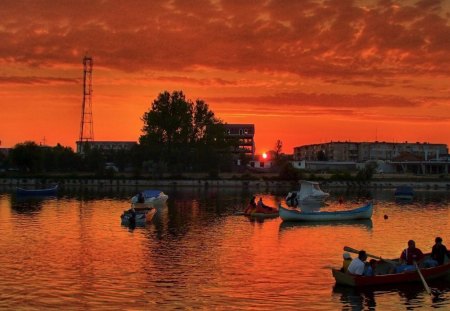 amazing sunset on costinesti romania - town, river, orange, sunset, boats