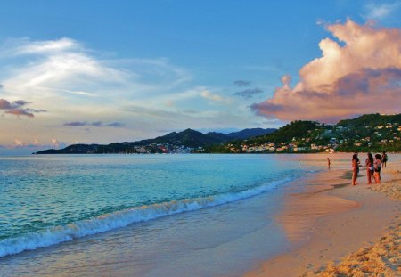 grand anse beach grenada - people, beach, hills, towns, sea, waves