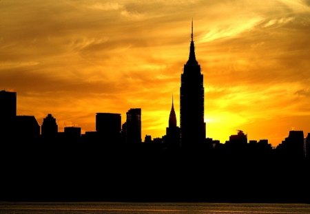 Cityscape Silhouette - calm, clouds, water, America, orange, cityscape, dark, black, sunset, silhoutte, texture, building