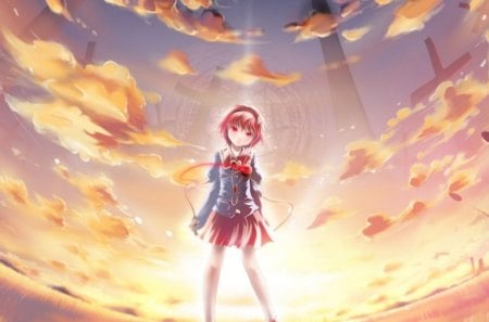 touhou - girl, clouds, video game, anime, sunset, manga