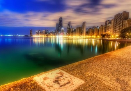 wonderful chicago lakefront at dusk hdr - lake, city, hdr, shore, dusk, lights