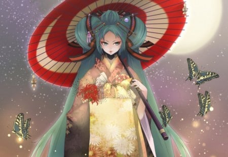 Hatsune Miku - anime, vocaloid, female, wing, hatsune miku, green eyes, green hair, long hair, umbrella, superstar, idol, moon, twin tails, anime girl, twintails, hot, singer, girl, kimono, yukata, miku, diva, wings, butterfly, cute, sexy, vocaloids