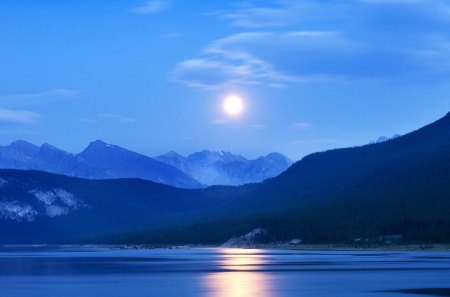 moon over great landscape - moon, mountains, lake, clouds