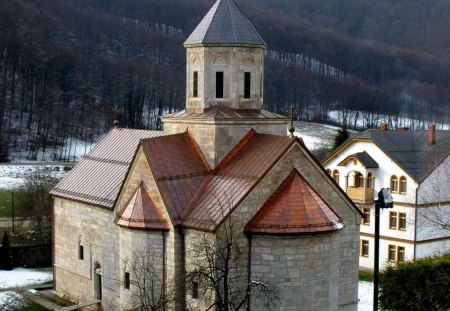 mostanica monastery in bosnia - winter, forest, mountains, monastery