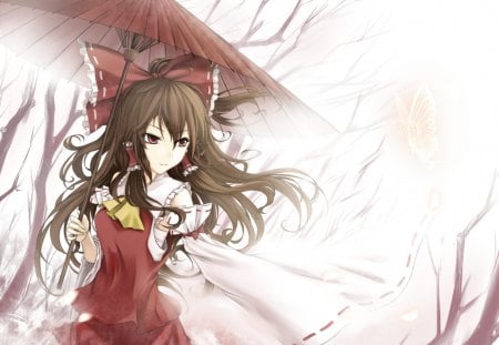 Hakurei Reimu - female, wings, anime girl, brown hair, red eyes, touhou, umbrella, anime, reimu, ribbon, cute, maiden, girl, shrine maiden, long hair, hakurei reimu, kawaii, butterfly, wing, red, fog