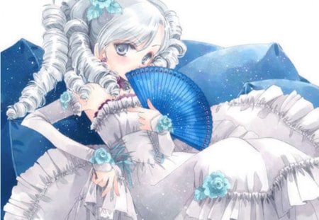 My Lady - beauty, female, hot, anime girl, rose, elegant, white, gorgeous, silver, pretty, anime, silver hair, cute, sexy, grey eyes, girl, long hair, floweer, gown, lovely, divine, floral, blue, beautiful, blossom, sweet, dress, white hair