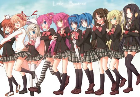 Little Busters! - pretty, anime, marching, walking, long hair, girls, short hair, uniforms, blue hair, friends, students, pink hair