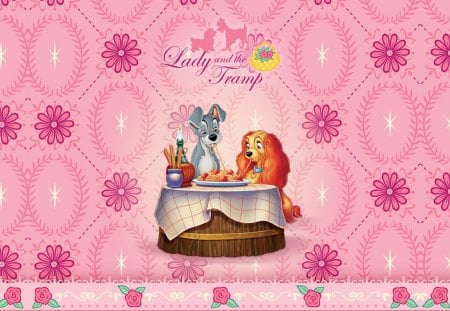 ~Lady & The Tramp~ - Tramp, Disney, romance, Lady, pink, sweet, flowers, dinner, dogs, classic, movie