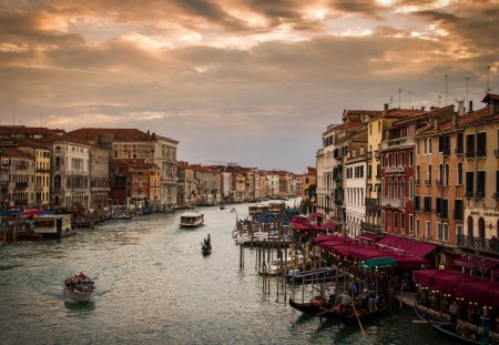 Beautiful Venice - sky, italy, boats, gondolas, venice, water, sunset, italia, nature, grand canal, clouds, boat