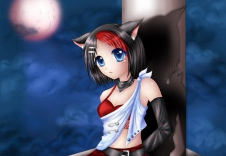 Neko - moon, anime, anime girl, female, ears, hot, girl, night, shadow, short hair, black hair, cute, shade, sexy, blue eyes