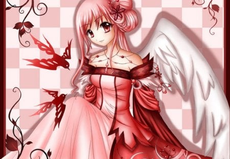 Pink Angel - pretty, bird, anime, elegant, divine, female, wing, dress, angel, pink, long hair, pink eyes, gorgeous, pink hair, abstract, gown, anime girl, beautiful, hot, girl, feather, beauty, lovely, sweet, wings, cute, sexy