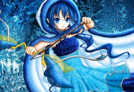 Break the Ice - anime, kawaii, female, blue, dress, long hair, bow and arrow, blue hair, weapon, blue eyes, gown, anime girl, archer, hood, girl, arrow, fur, cute, bow