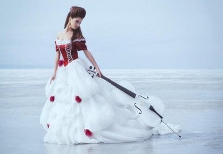 Woman With Violin - water, beautiful, sea beach, white violin, woman, white red long dress