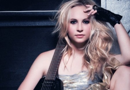 Candice Accola - tv series, girl, blonde hair, beauty, glove, actress, vampire diaries, music, guitar, black, woman, model, movie, sexy