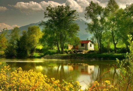 House by the river - house, river, trees, water, rock, forest