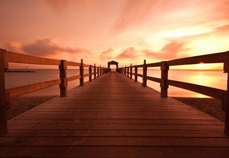 sea pier at sunset - pier, sunset, sea, clouds