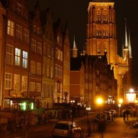 church at the end of a street at night