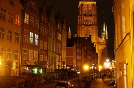 church at the end of a street at night - stree, night, church, lights