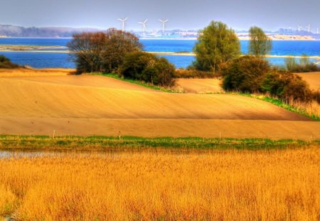 beautiful danish landscape hdr - fields, trees, turbines, hdr, bay