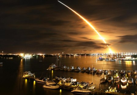 space shuttle launch kennedy space center - shuttle, boats, night, harbor, launch, lights