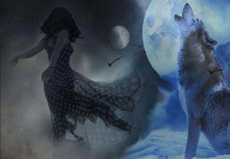 Moon Fantasy - abstract, moons, fantasy, birds, animal, people, woman, wolf