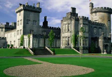 manicured irish castle - castle, towers, trees, grass