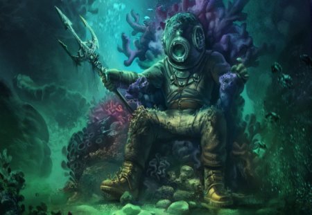 King OF The Seas - throne, diver, fish, underwater, trident