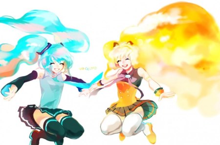 Hatsune Miku & Rin Kagamine - anime, vocaloid, colors, hatsune miku, smiles, happy, jumping, rin kagamine, friends