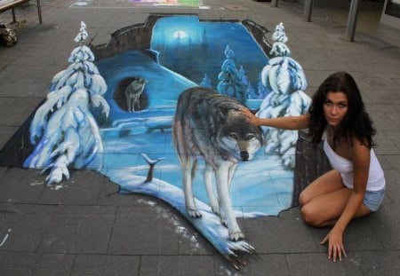 Steet Paint - girl, street, painting, wolf