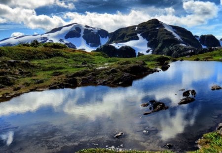 Landscape-mountain top - lake, hill, clouds, frosty, mountain, big views