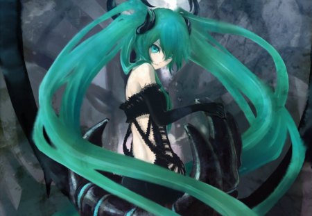 Black★Rock Miku - anime, vocaloid, female, hatsune miku, green eyes, claw, long hair, dark, black rock shooter, twin tails, anime girl, realistic, twintails, hot, girl, cg, black, miku, cute, 3d, crossover, sexy, vocaloids